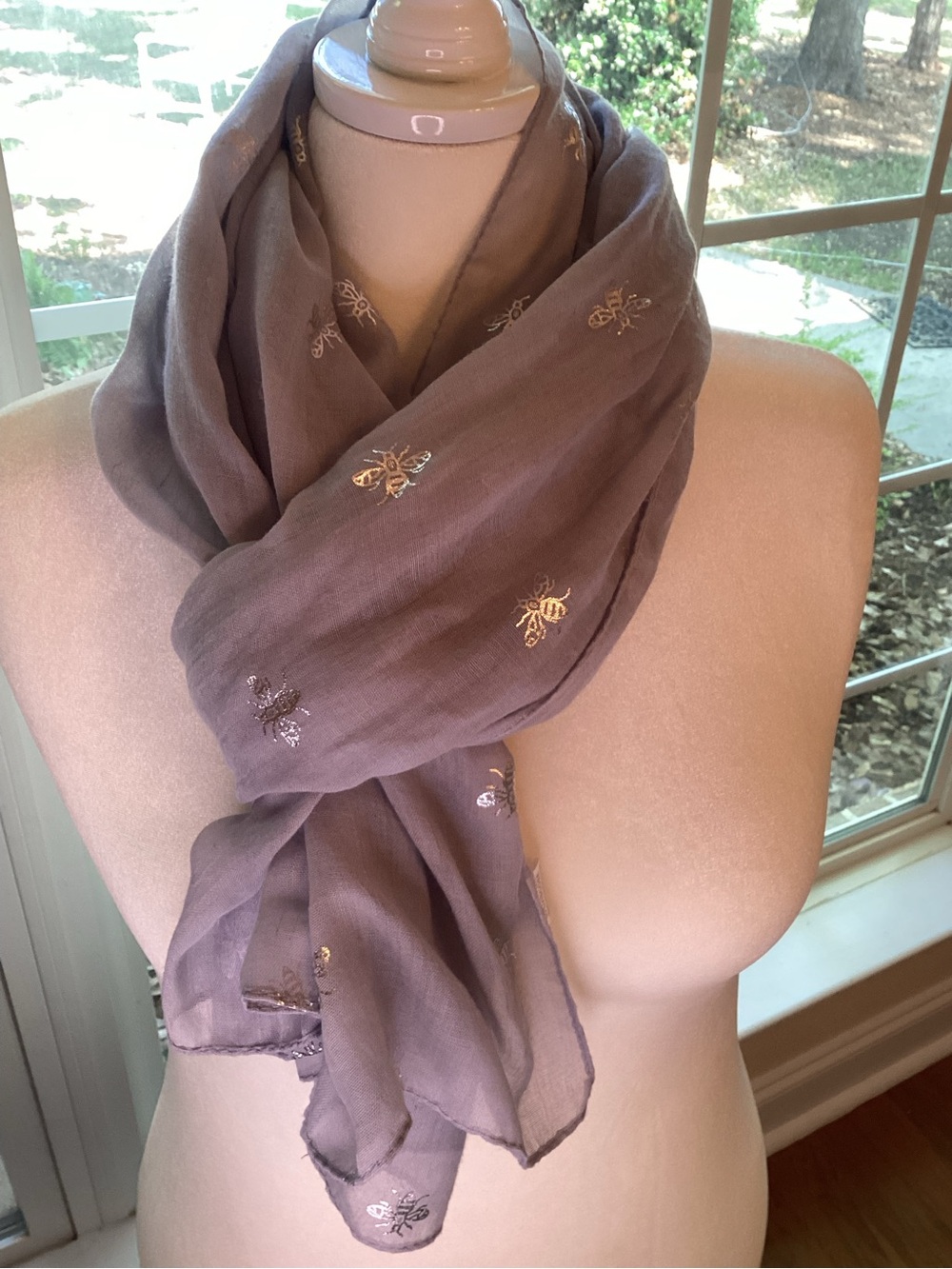 Light Blue Gray Scarf with Metallic Bee Accents